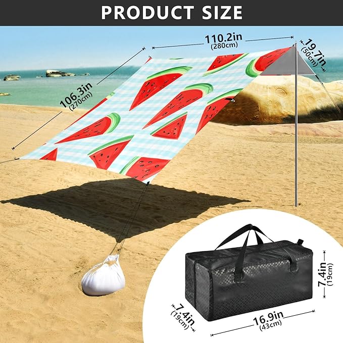 xigua Watermelon Beach Tent Sun Shelter with Carrying Bag - Silver Coated Oxford Fabric Beach Canopy for Beach Camping Fishing - Includes Windproof Ropes Sandbags &amp Stakes