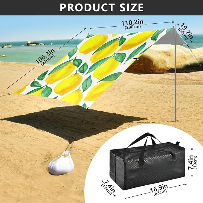 Beach Canopy with Windproof Ropes &amp Sandbags Beach Tent Sun Shade Sun Shelter for Camping Trips Fishing Backyard Fun or Picnics Lemons