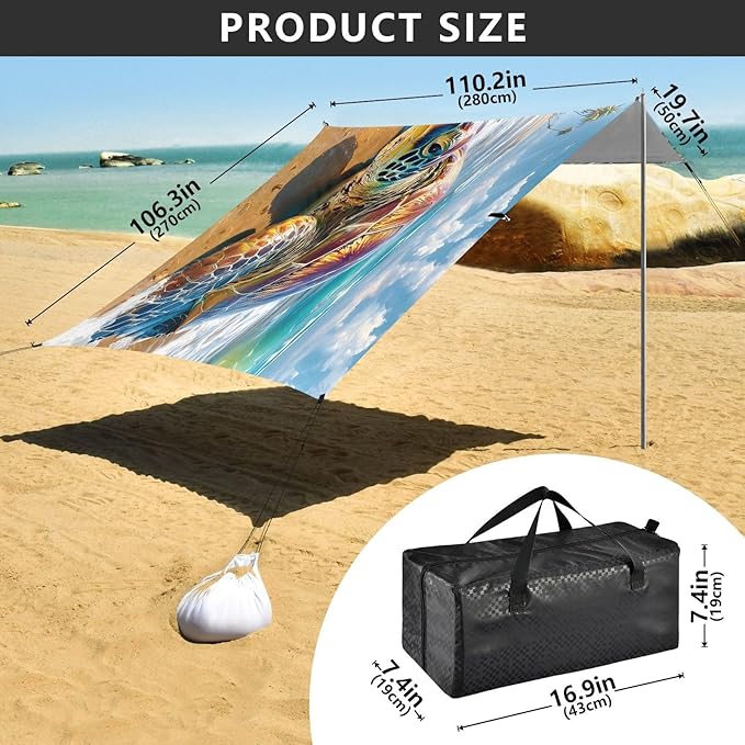 ALAZA Sea Turtle Palm Beach Beach Tent Sun Shelter UPF50+ Protection Beach Shade Canopy w/ 4 Sandbags for Outdoor Camping Fishing Backyard Fun Picnic 10x9 ft