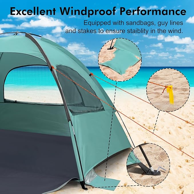 WhiteFang Beach Tent Anti-UV Portable Sun Shade Shelter for 3/4/6/8 Person Extendable Floor with 3 Ventilating Mesh Windows Plus Carrying Bag Stakes and Guy Lines