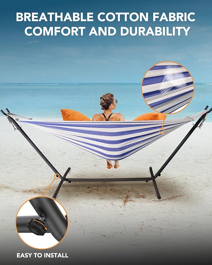 EveryFun Double Hammock with Heavy-Duty Steel StandPortableEasy Assembly600lbs Weight CapacityPerfect for IndoorYardCampingor Outdoor-BlueWhite