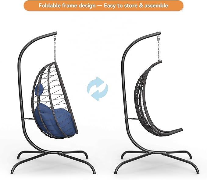 ALAULM Foldable Egg Chair with Stand 485LBS Capacity Wicker Rattan Hammock Swing Chair for Outdoor &amp Indoor Patio Hanging Chair with Strong Frame &amp UV Resistant Cushion for Balcony Bedroom