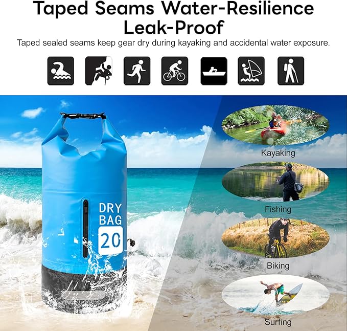 Rainproof Backpack Dry Bag 20L 500D PVC Outdoor Sports Roll Top with Front Pocket for Swimming Kayaking Camping Hiking Beach Activities (20L+2L)