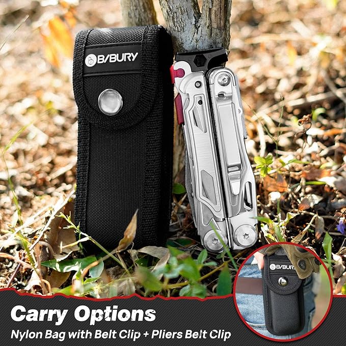 BIBURY Multitool Pliers BI2038B 22-in-1 Stainless Steel Multi Tool with Flint Window Breaker Scissors Back Clip Folding Pocket Multifunctional Self-locking EDC Tool for Survival Camping Hiking