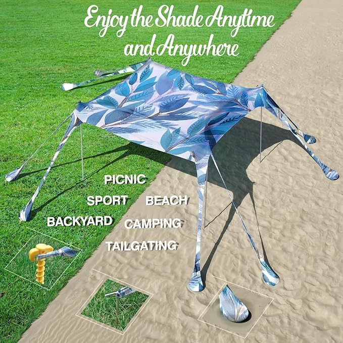 Rhino Valley Beach Tent Shade Canopy UPF50+ Protection 8 Sandbags 4 Stability Poles Outdoor Sun Shelter Umbrella for Sand Camping Fishing Essentials