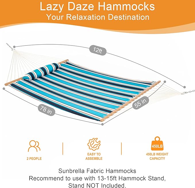 Lazy Daze Hammocks 12 FT Sunbrella Fabric Hammock not Fading with Spreader Bars and Free Pillow Fits for 2 Persons All Weather and Fade Resistant for Patio Yard 450 lbs Capacity Token Surfside