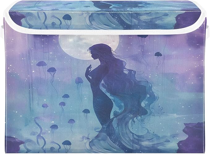 MNSRUU Containers Baskets with Lids Jellyfish Mermaid Moon Fabric Foldable Storage Bins Organizer with Lid Collapsible Storage Boxes for Home Bedroom Closet Office