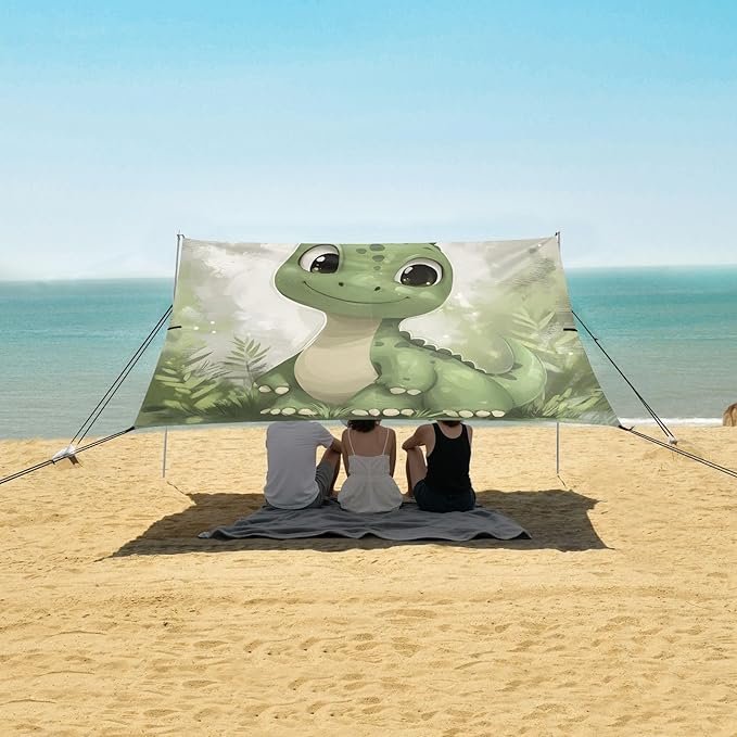 ALAZA Cute Dinosaur Baby Dino Beach Tent Sun Shelter UPF50+ Protection Beach Shade Canopy w/ 4 Sandbags for Outdoor Camping Fishing Backyard Fun Picnic 10x9 ft