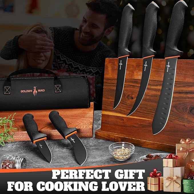 Golden Bird Butcher Knife Set - Non-slip Skinning Knife Set with Roll Bag Professional Game Processing Knives Sets - Butcher &amp Skinning Boning Knives with German Stainless Steel Gift for Men