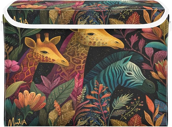 Fantasy Jungle Giraffes Zebra Black Collapsible Storage Bins with Lids Decorative Fabric Cubes Closet Organizer Basket Boxes Containers for Clothes Box Chest Folding Rectangl