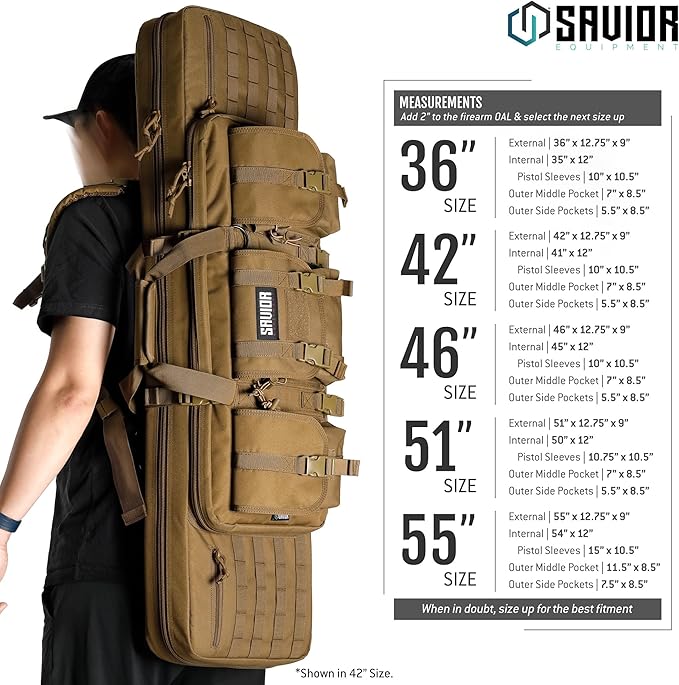Savior Equipment American Classic Tactical Double Long Gun Bag Pistol Transportation Case w/Backpack Strap Lockable Compartment Available Length in 32 36 42 46 51 55