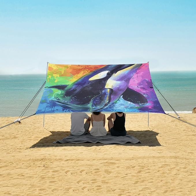 ALAZA Killer Whale Portrait Rainbow Beach Tent Sun Shelter UPF50+ Protection Beach Shade Canopy w/ 4 Sandbags for Outdoor Camping Fishing Backyard Fun Picnic 10x9 ft