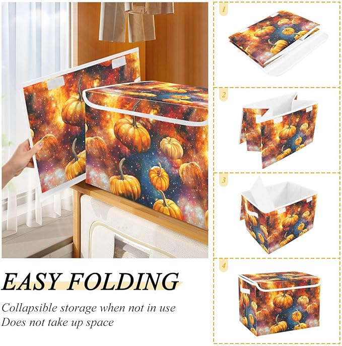 Storage Cube with Lid Space Pumpkin Print 16.5×12.6×11.8 IN Collapsible Large Capacity Foldable Storage Basket Bin Organizer