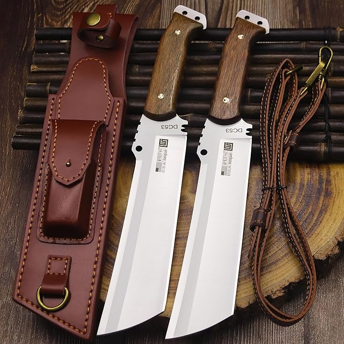 WPKOPYA Fixed Blade Outdoor Knife &ampLeather sheath single shoulder strapDC53 Steel Full Tang 6.6” Sharp Blade Wooden Handle 13.6” Tactical Survival Knife for Camping Hiking Bushcraft Cooking