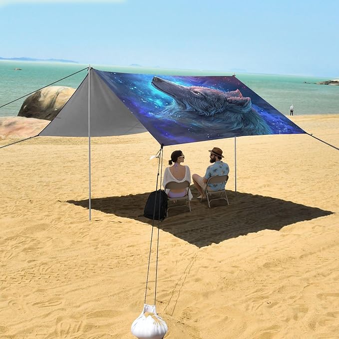 ALAZA Wolves in Galaxy Beach Tent Sun Shelter UPF50+ Protection Beach Shade Canopy w/ 4 Sandbags for Outdoor Camping Fishing Backyard Fun Picnic 10x9 ft