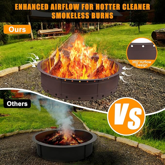 36 Inch Fire Pit Ring Large Outdoor Campfire Pit for Patio Backyard Garden Smokeless Steel Firepit with Air Vent for Efficient Burning &amp Anti-Rust Coating Brown Steel