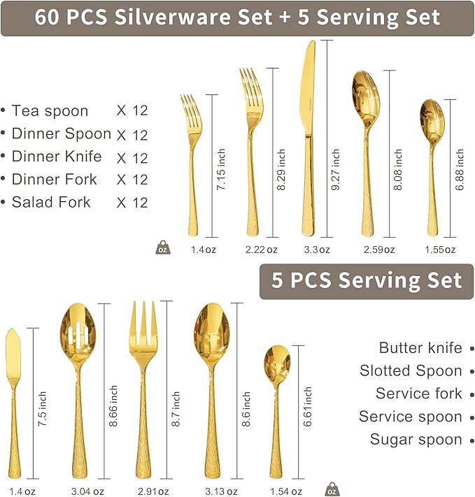 KINGSTONE Gold Hammered Silverware Set Flatware Set with Serving Utensils 18/10 Stainless Steel Premium Cutlery with Unique Ripple Handles Design Mirror Polished - Dishwasher Safe (65-Piece)