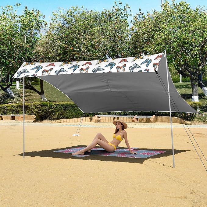 ALAZA Colorful Butterflies Beach Tent Sun Shelter UPF50+ Protection Beach Shade Canopy w/ 4 Sandbags for Outdoor Camping Fishing Backyard Fun Picnic 10x9 ft