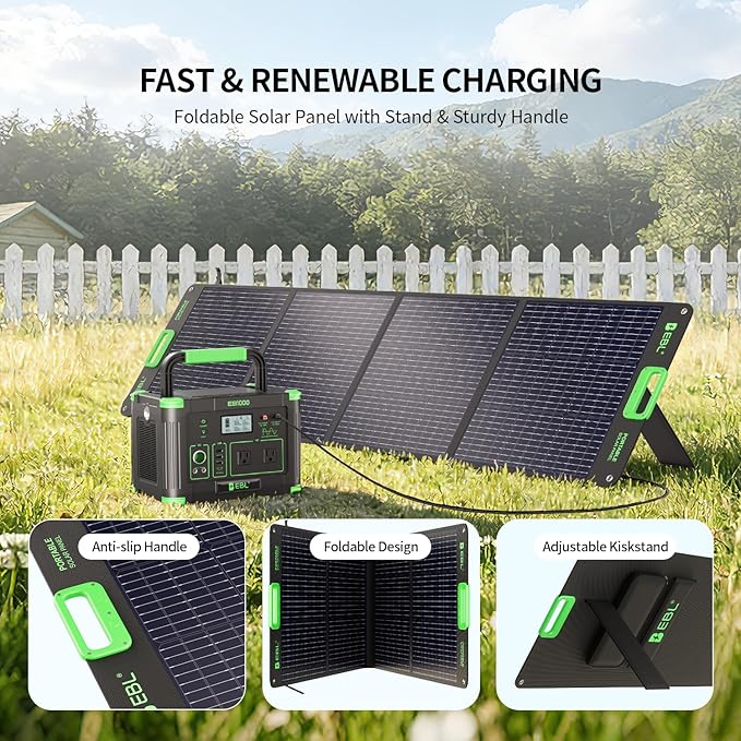 EBL 1000W Portable Power Station With 200W Solar Panels 999Wh Backup Lithium Battery Pure Sine Wave AC Outlet 60W PD Quick Charge Solar Generator Set for RV/Van Camping Road Trip Home Off-grid