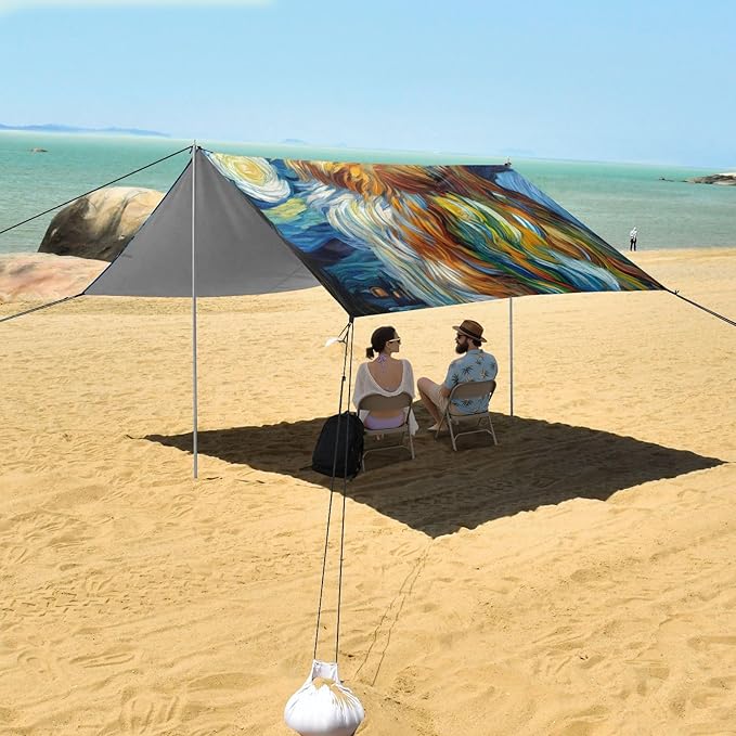 ALAZA Owl Starry Sky Van Gogh Beach Tent Sun Shelter UPF50+ Protection Beach Shade Canopy w/ 4 Sandbags for Outdoor Camping Fishing Backyard Fun Picnic 10x9 ft