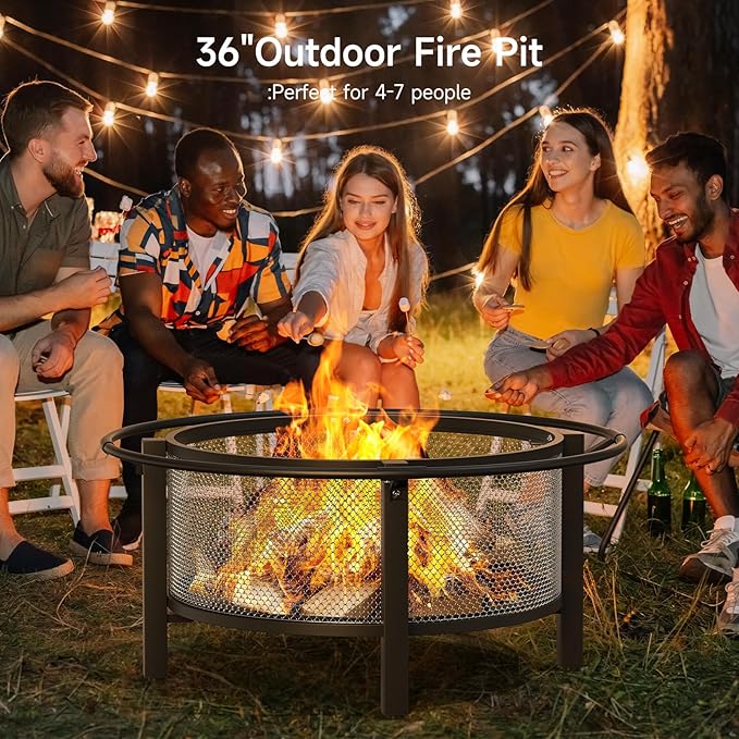 ONBRILL 2-in-1 36 Inch Fire Pit with Cooking Grill Outdoor Wood Burning Firepit with Poker for BBQ Bonfire Picnic Party Round Metal Fire Pit for Outside Backyard Patio