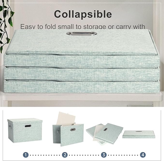 Graciadeco Large 17 36 Quart Collapsible Stackable Storage Bins with Lids 3 Packs Light Green Linen Fabric Closet Boxes with Lids Storage Cube Baskets Container Organizers for Office (17x12x11)