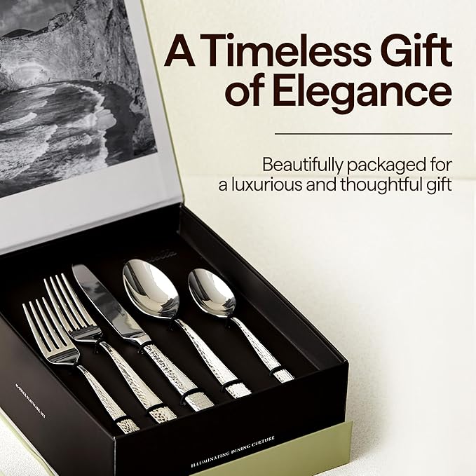 Luciella Ponza Flatware Set for 12 65-Piece Stainless Steel Silverware Set with Serving Utensils Timeless Hammered Design Rust-Resistant Mirror Polished &amp Dishwasher Safe Mothers Day Gifts