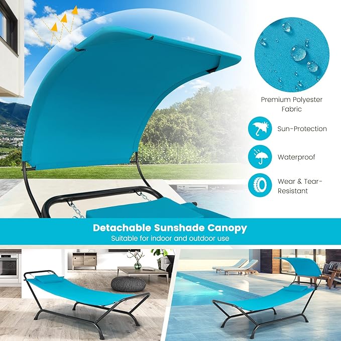 Tangkula Hammock with Stand Included Heavy Duty Outdoor Hammock with Adjustable Canopy Rustproof Metal Stand Pillow Storage Pocket Hammock Bed with Stand for Backyard Lawn Poolside (Blue)
