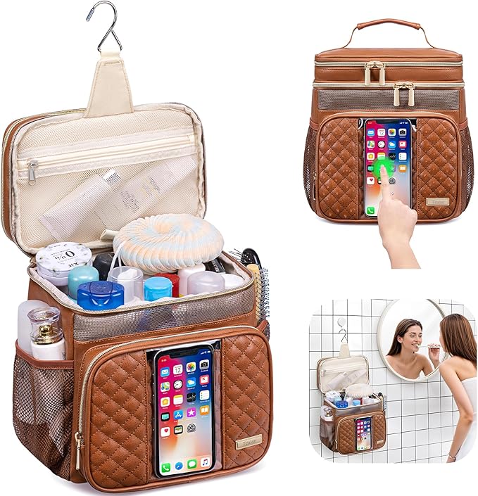 Large Leather Toiletry Bag for Women MenBathroom BagWater Resistant Shower BagMakeup BagPortable Shower Caddy for College DormHanging Travel Toiletry Bag with Transparent Waterproof Phone Pocket