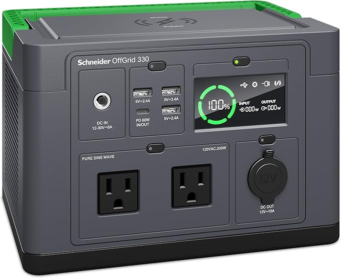 Schneider OffGrid 332Wh Portable Power Station PPS330 Portable Solar Generator with Wireless Charging Pad for Camping or Home