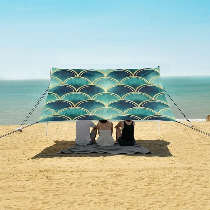 xigua Scallop Shapes Beach Tent Sun Shelter with Carrying Bag - Silver Coated Oxford Fabric Beach Canopy for Beach Camping Fishing - Includes Windproof Ropes Sandbags &amp Stakes