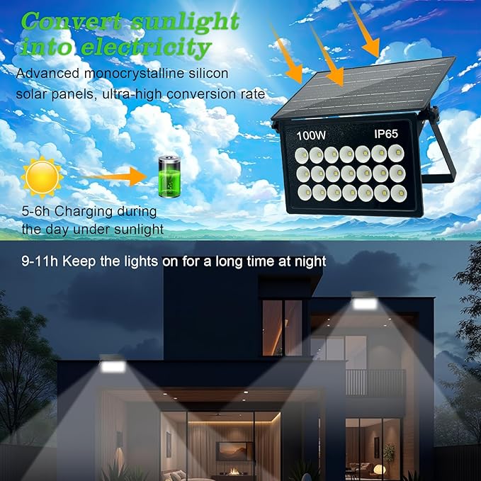 100W Solar Security Lights Solar Flood Lights Solar Lights Outdoor Waterproof Dusk to Dawn Solar Powered Security Lights 6500K Cool White for Porch Patio Yard Garage Garden