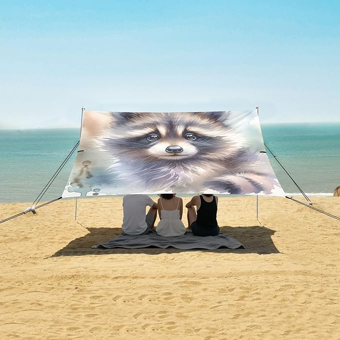 ALAZA Cute Raccoon Watercolor Beach Tent Sun Shelter UPF50+ Protection Beach Shade Canopy w/ 4 Sandbags for Outdoor Camping Fishing Backyard Fun Picnic 10x9 ft