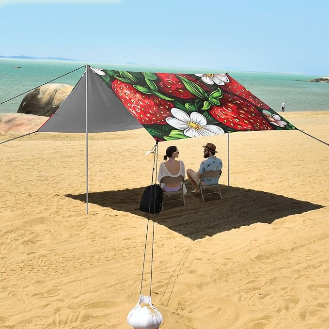ALAZA Cute Strawberry Cherry and Flower Beach Tent Sun Shelter Portable Canopy Sunshade for Outdoor Camping Picnics Backyard Fun 10x9 ft