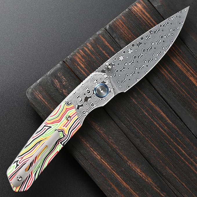 Sitivien ST271 Damascus Steel Blade Folding Knife Damascus &amp Colorful G10 Handle with Ball Bearing for Men Women Outdoor Camping Hiking Fishing(Color)