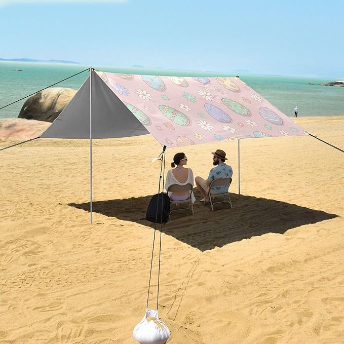 Easter Egg Beach Canopy Sun Shelter with Sandbags &amp Sand Shovel &amp Windproof Ropes - Portable 110x126 Beach Shade Beach Tent for Camping Picnics