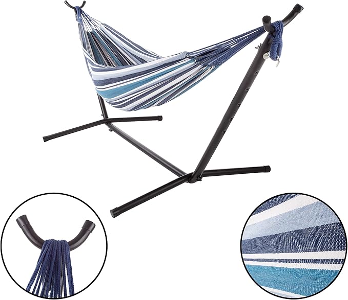 Fabric Hammock with Stand Included - Portable Hammock with Carry Bag and Powder-Coated Steel Frame for Travel or Backyard by Pure Garden (Blue Stripe)
