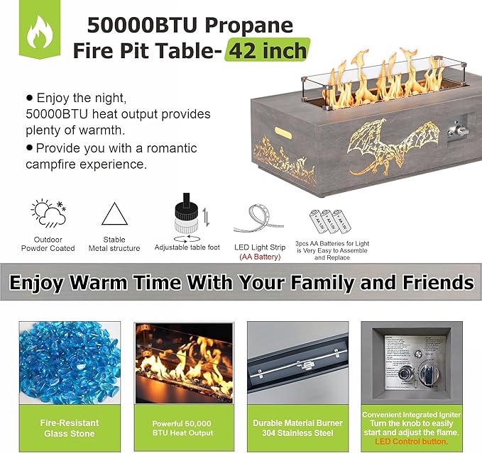 2-Piece 42 LED Rectangular Propane Fire Pit for Outside Patio with Hidden Tank Table 50000 BTU Fireplaces with Glass Wind Guard Lid Glass Rocks Cover(Dragon w/Warm Light