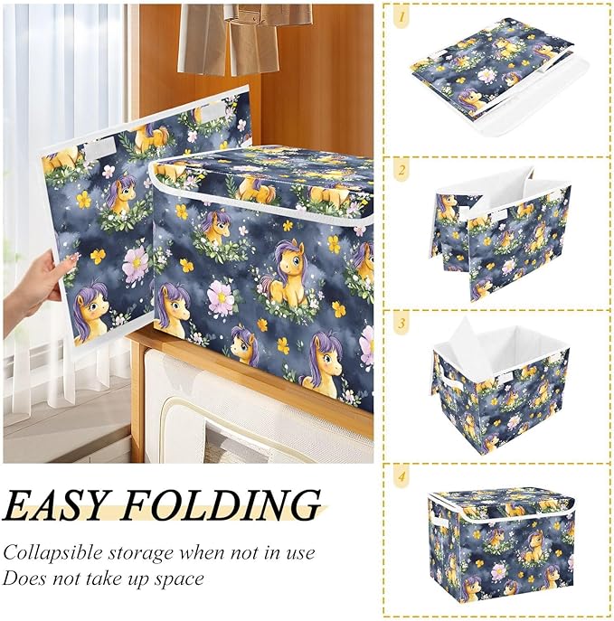 Storage Cube with Lid Cute Horses Print 16.5×12.6×11.8 IN 1 Pack Collapsible Large Capacity Foldable Storage Basket Bin Organizer