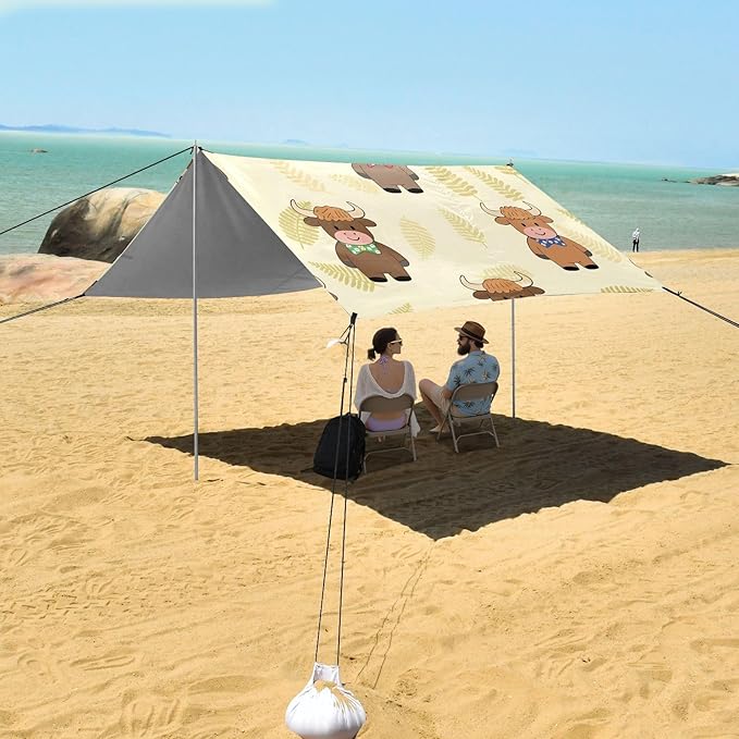 ALAZA Cartoon Highland Cattle Pattern Beach Tent Sun Shelter Portable Canopy Sunshade for Outdoor Camping Picnics Backyard Fun 10x9 ft