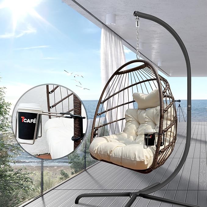 Swing Egg Chair with Stand Indoor Outdoor Wicker Rattan Patio Basket Hanging Chair with C Type Bracket Cushion Pillow and Special Construction Cup Holder
