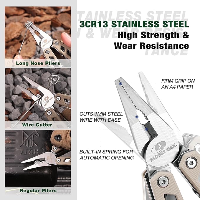 MOSSY OAK Multitool 22-in-1 Stainless Steel Pliers with Screwdriver Sleeve Desert Steel Handle Self-locking Knife with Sheath-Perfect for Outdoor Survival Camping Hiking Simple Repair