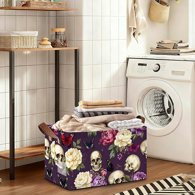 Purple Flower Skeleton Storage Bins with Handles Collapsible Storage for Clothes Gift Basket Blankets &amp Closet Organization