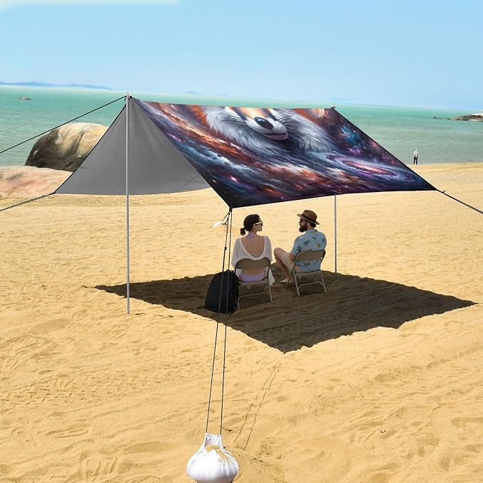 ALAZA Fox Galaxy Nebula Beach Tent Sun Shelter UPF50+ Protection Beach Shade Canopy w/ 4 Sandbags for Outdoor Camping Fishing Backyard Fun Picnic 10x9 ft