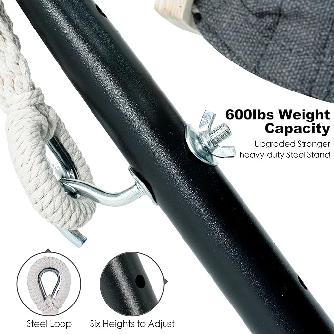 GAFETE Double Hammock with Stand for Outside Upgraded Spreader Bar Heavy Duty Space Saving Steel Stand 2 Person Side Pocket Easy Assembly 600lbs Weight Capacity Indoor &amp Outdoor (Dark Grey)