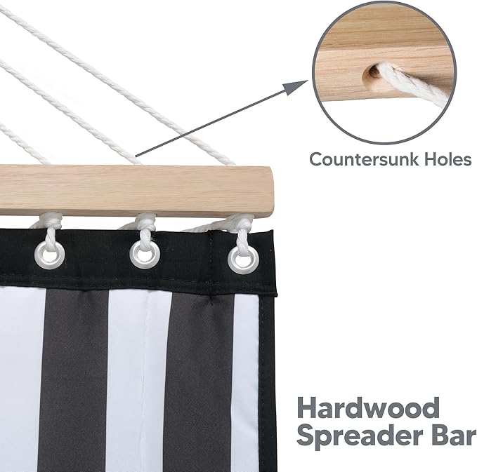 SUNCREAT Double Quilted Hammock with Hardwood Spreader Bar Extra Large Soft Pillow Heavy Duty 2 Person Hammock for Indoor Outdoor Black Stripes