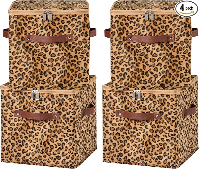 4PCS Storage Cubes with Zipper Lid 11 Inch Leopard Print Velvet Fabric Cute Decorative Storage Bins Boxes PU Leather Handles Closet Organizer Container Foldable Washable Shelf Basket