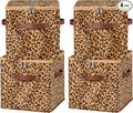 4PCS Storage Cubes with Zipper Lid 11 Inch Leopard Print Velvet Fabric Cute Decorative Storage Bins Boxes PU Leather Handles Closet Organizer Container Foldable Washable Shelf Basket