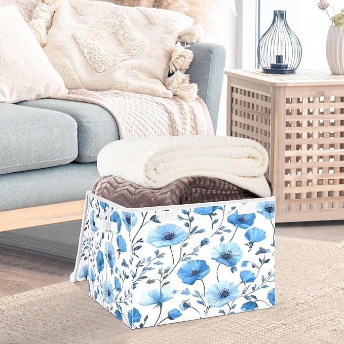 Blue Poppy Flowers and Branches Collapsible Storage Bins with Lids Decorative Fabric Cubes Closet Organizer Basket Boxes Containers for Clothes Box Chest Folding Rectangle