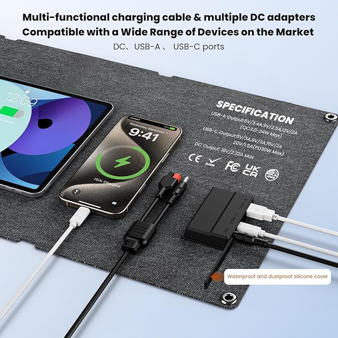 50W Portable Solar PanelsFoldable Solar Panel Charger IP68 Waterproof with USB-A and USB-C Ports DC 18V Output for Small Power Station Outdoor Camping RV Trip
